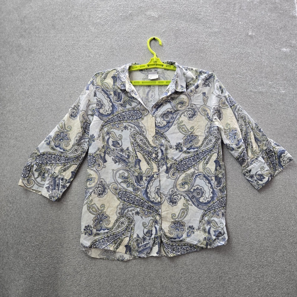 Chico's Women Button Up Shirt US 16 Blue Linen Paisley Artsy Collared READ